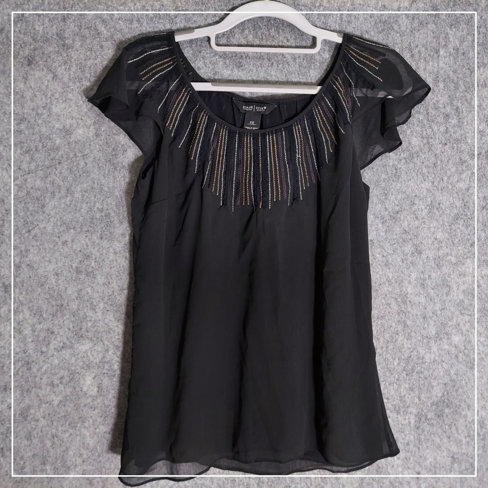 White House Black Market XS Black Embellished Scoop Neck Flutter Sleeve Blouse‎